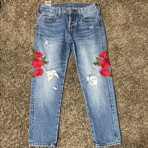 Levi's Blue Distressed Jeans with Red Rose Embroidery